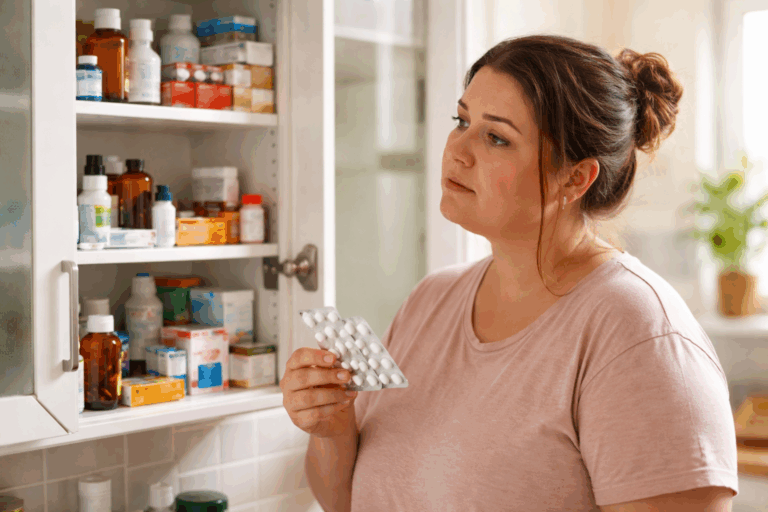 Mulher segurando uma cartela de comprimidos em frente a um armário com medicamentos, representando o risco da automedicação sem orientação profissional.
