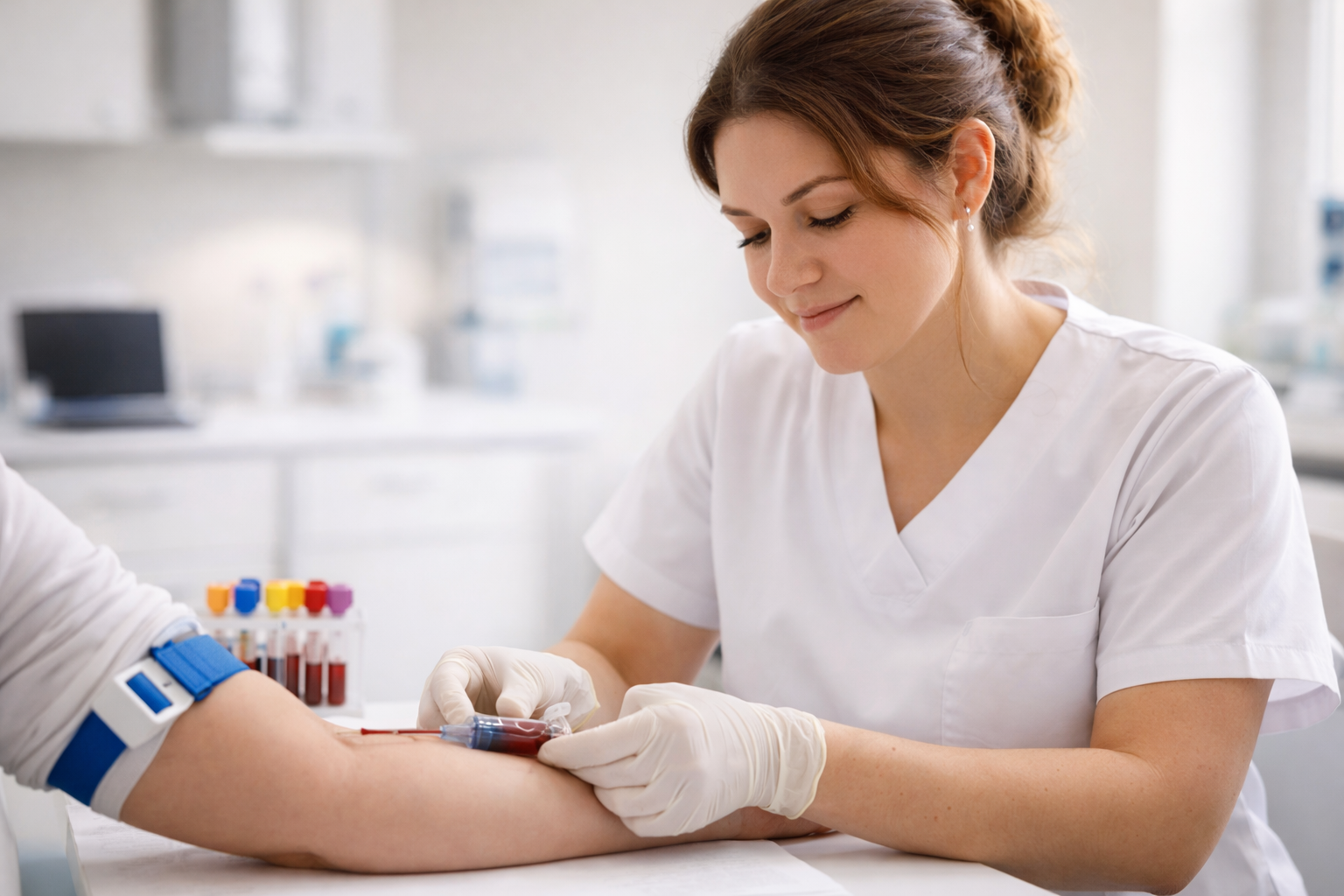 Técnica de enfermagem coletando sangue de paciente para exames preventivos, com tubos de coleta de sangue sobre a mesa ao fundo.