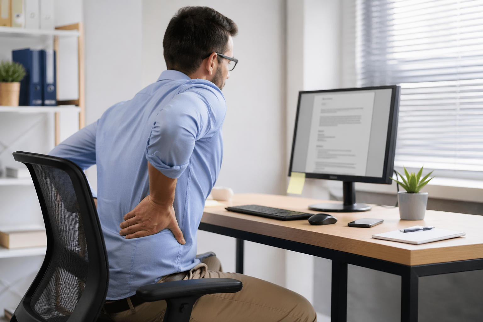 Pessoa com dor nas costas sentada em frente ao computador com postura incorreta em ambiente de trabalho, ilustrando problema ergonômico.