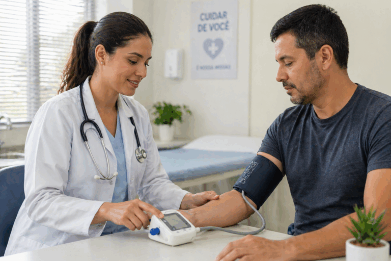 Técnica em enfermagem aferindo a pressão arterial alta de um paciente com aparelho de pressão em ambiente clínico.