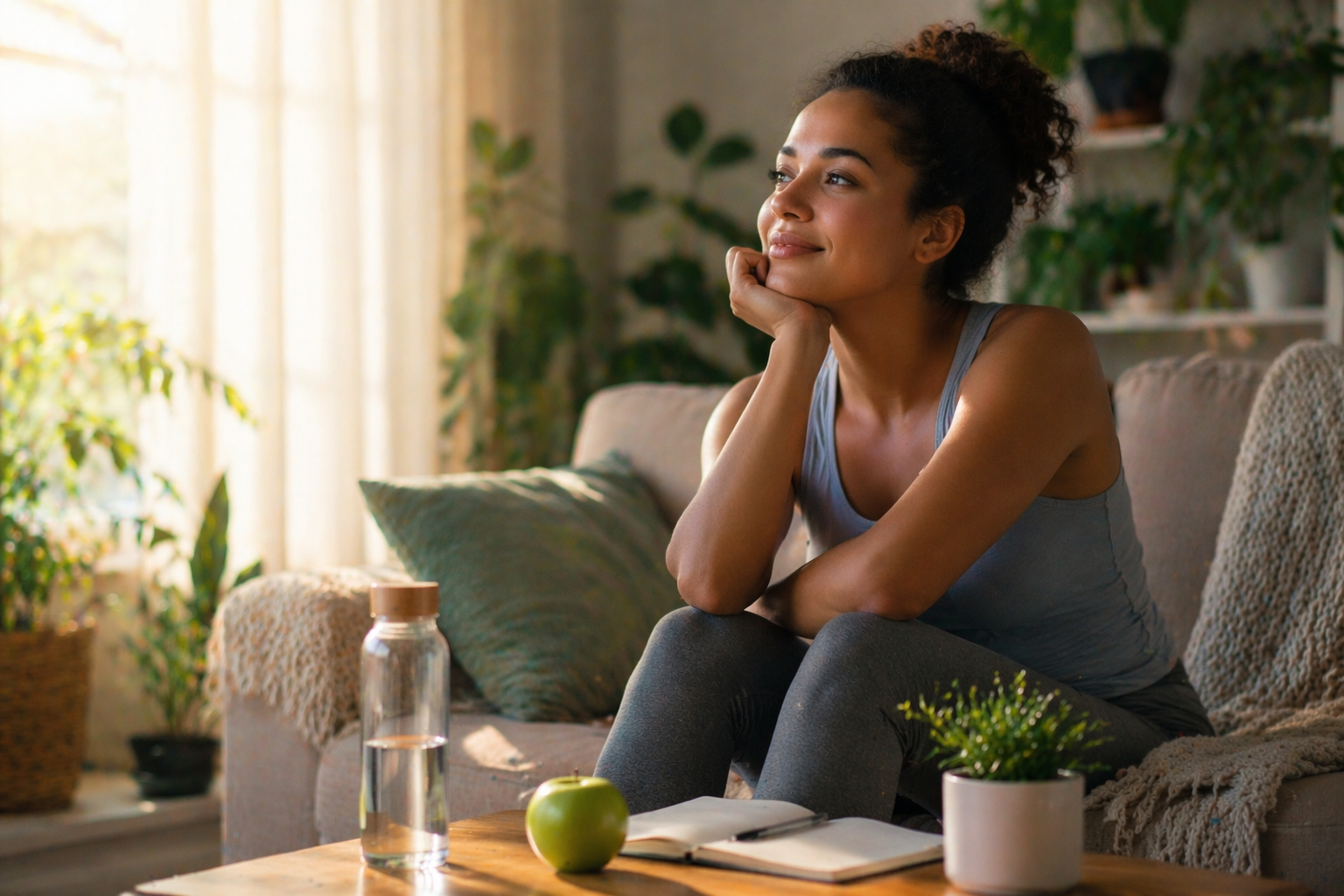 Mulher em momento de autocuidado no Dia Mundial da Saúde, refletindo sobre o bem-estar